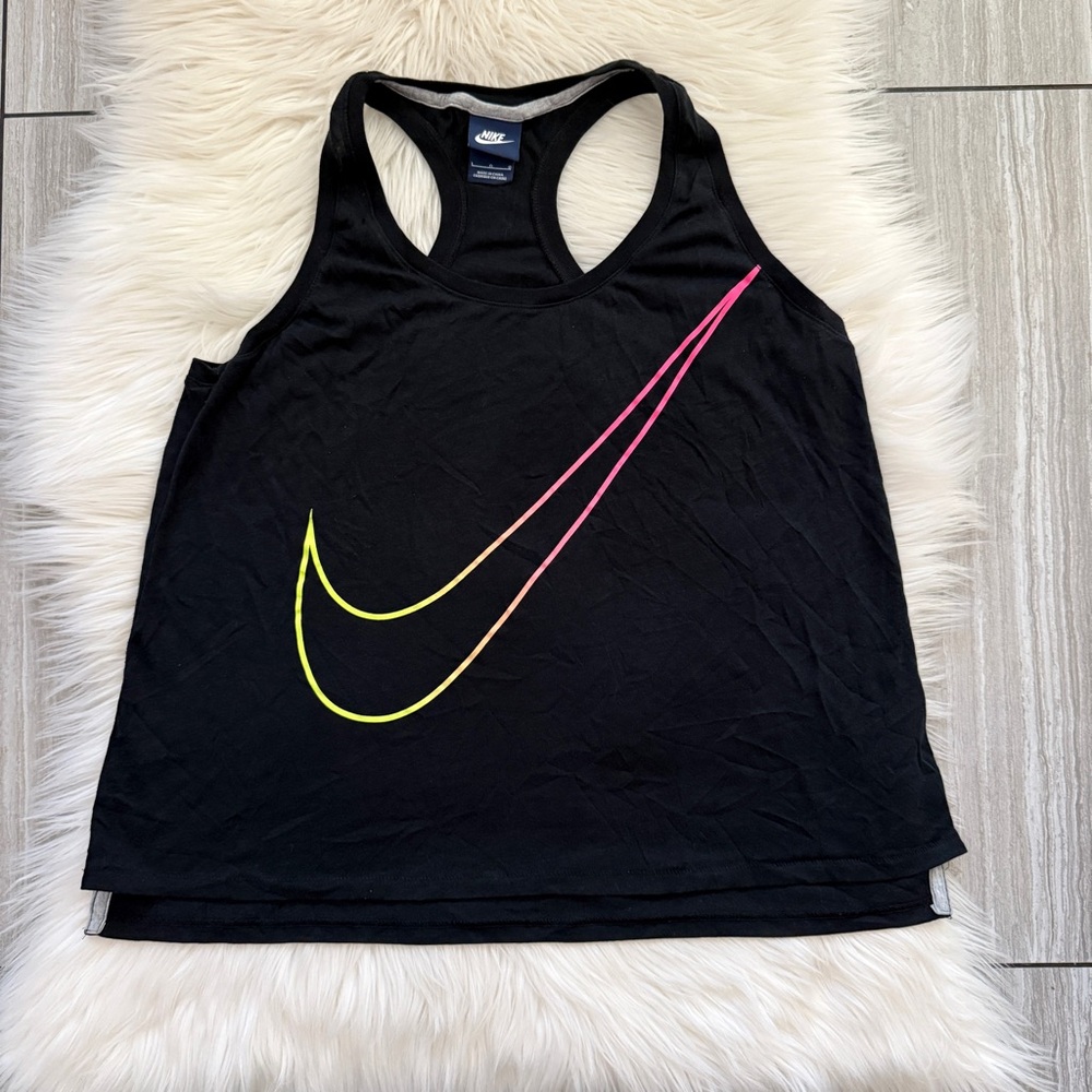 Nike Womens Black Racerback Tank Top Big Swoosh Prep Athletic Run Jog Size Large